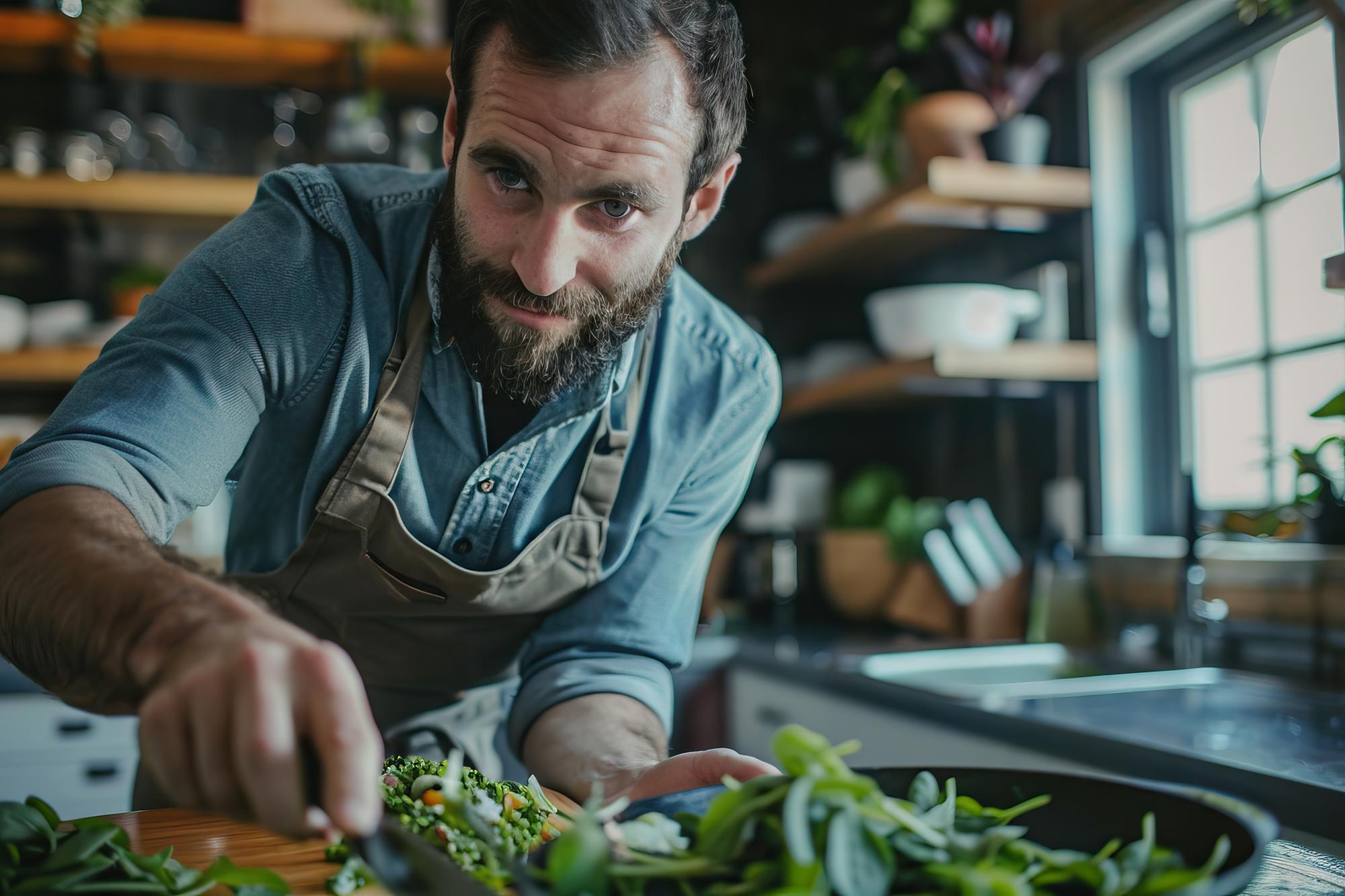 Founder slicing herbs in a small kitchen studio